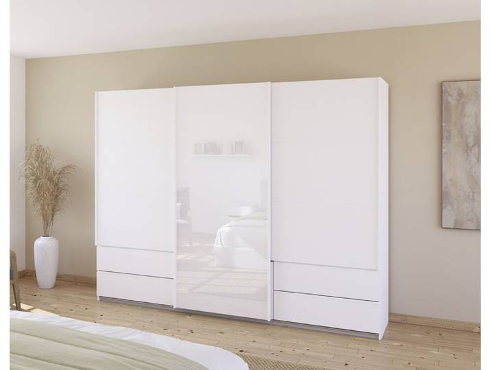 Schwebetürenschrank Elara mit Glas , alpinweiß / weiß , 271 x 210 x 62 cm