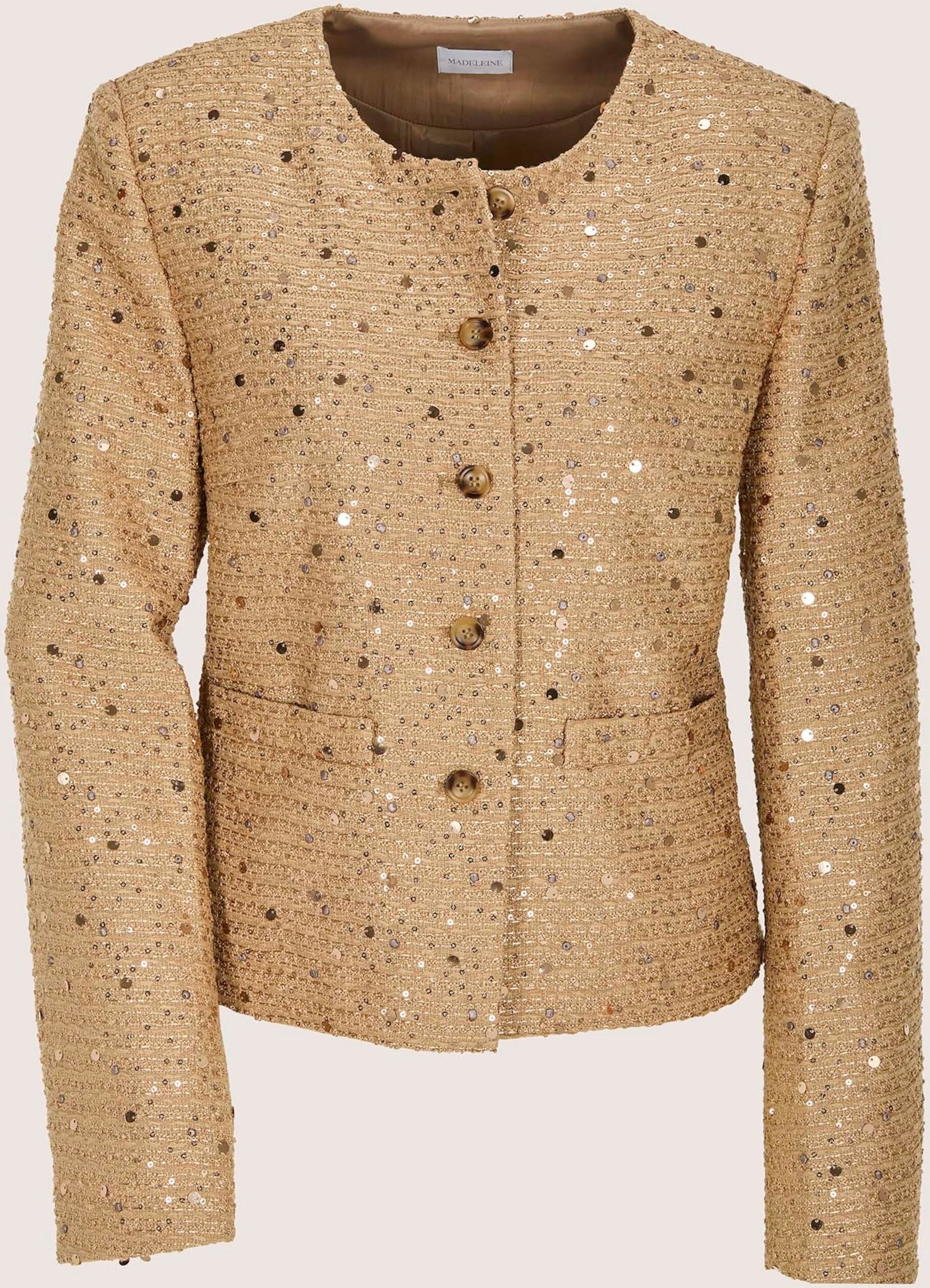 Jackenblazer MADELEINE "Kurzblazer Glanzblazer mit Pailletten", Damen, Gr. 42, beige (berber), Obermaterial: 100% Polyester PES., Modern, Blazer Jackenblazer, mit Pailletten
