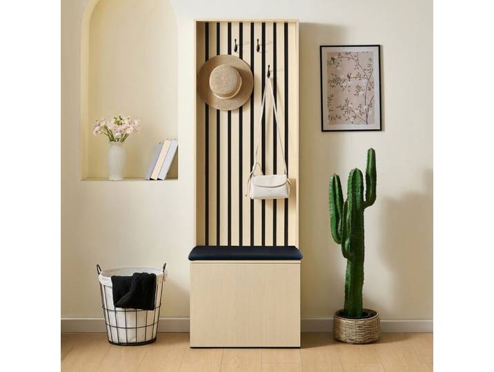Porte-manteau avec banc et crochets porte-vêtements avec 4 crochets et étagère pour vestes sacs chaussures 61x35x179 5cm