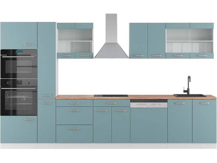 Cuisine Vicco R-Line Bleu-gris/blanc 350cm avec armoire haute\, PT Chêne\, Model 42726