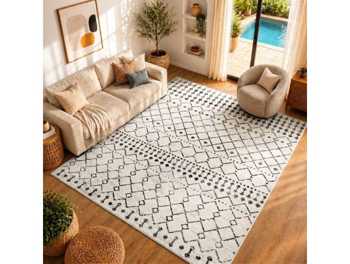 LIVABLISS Tapis de Salon à Poils Courts Doux Berbère Ethnique LEONOR 130x170cm Blanc/Noir