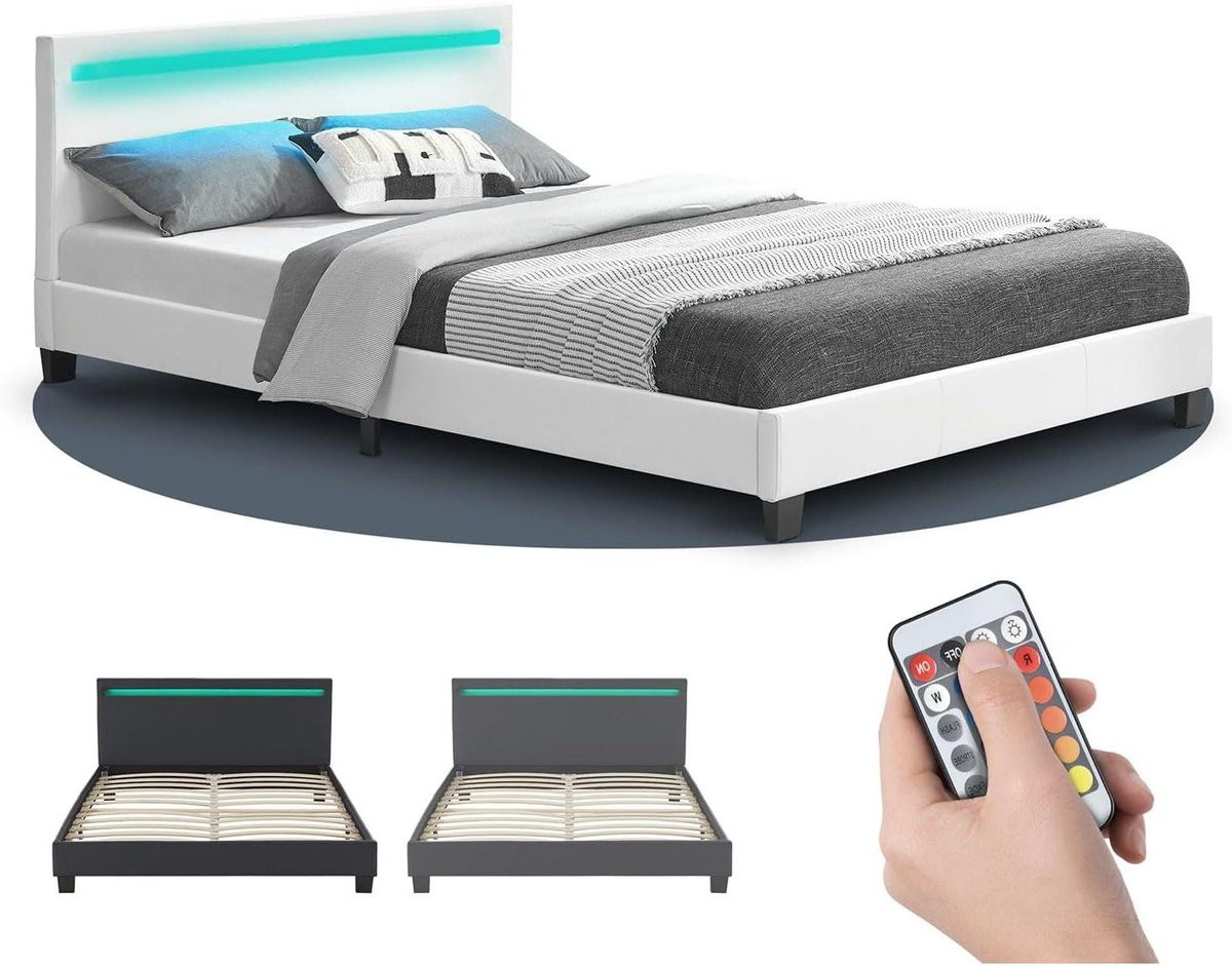 Gestoffeerd bed met LED-verlichting onder het bed - Wit - 140 x 200 cm