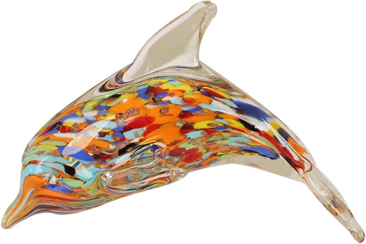 Handgemaakt Geblazen Glazen Beeldje Dolfijn - Kleurrijk - 145 x 7 x 10 cm
