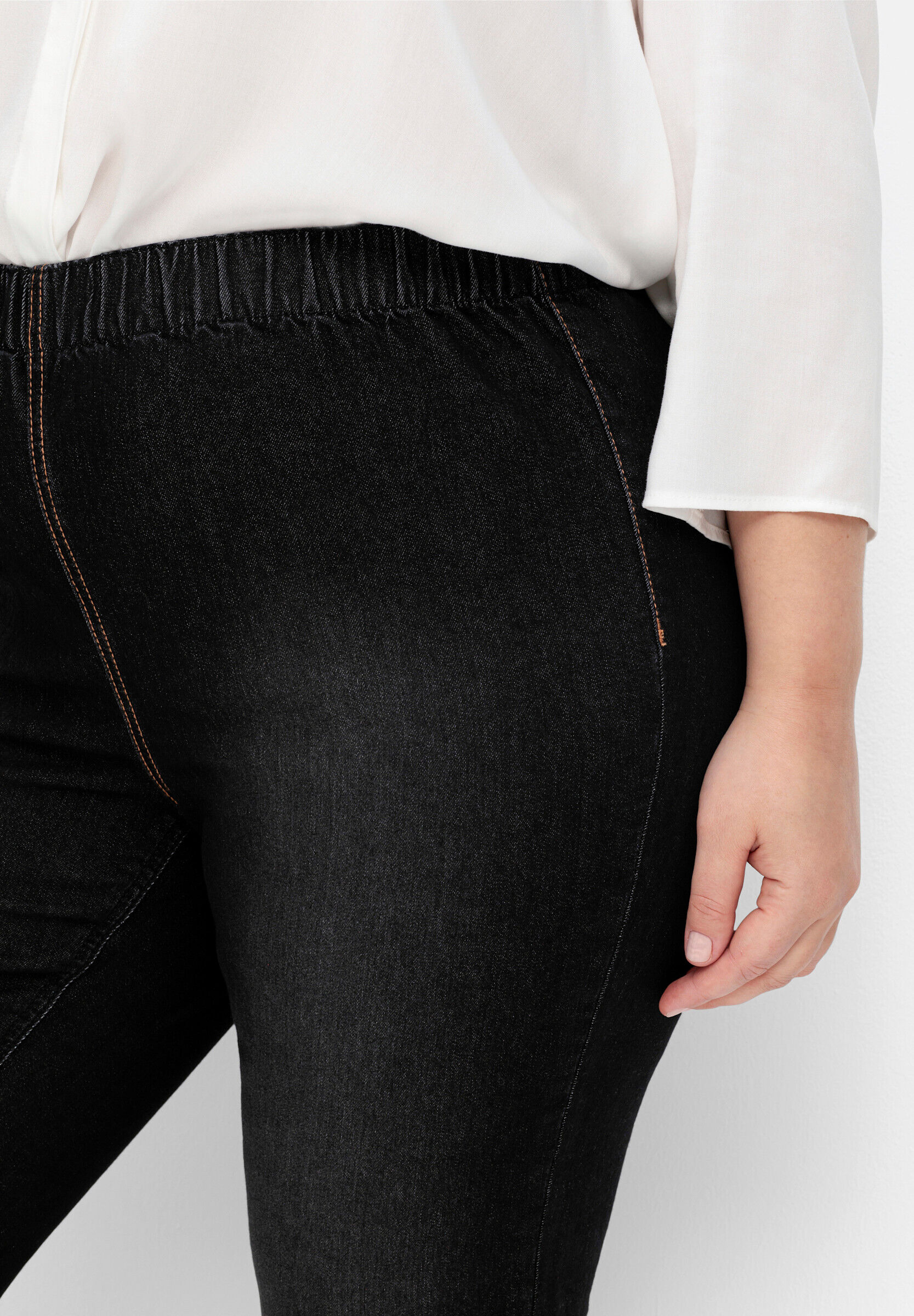 Jeansjeggings SHEEGO "Jeans-Leggings Jeggings in individueller Waschung", Damen, Gr. 46, schwarz denim, Basic, Jeans Jeansjeggings, in individueller Waschung