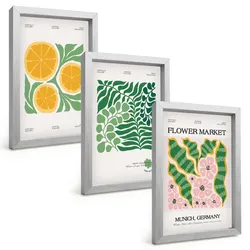 BILDER SET 3er Set - 20x30 cm Silberner Rahmen - Pastellfarbene Frucht- und Pflanzenmotive