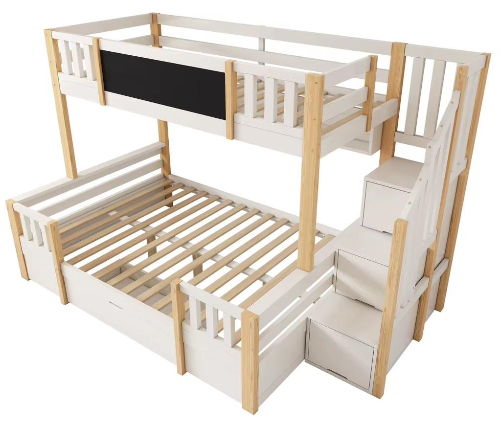 Etagenbett - Kinder-Etagenbett aus Massivholz - Für 3 Kinder - 90x200 & 140x200 cm - Kreidetafel - Stauraumtreppe mit Schubladen und Kleiderschrank - Naturweiß