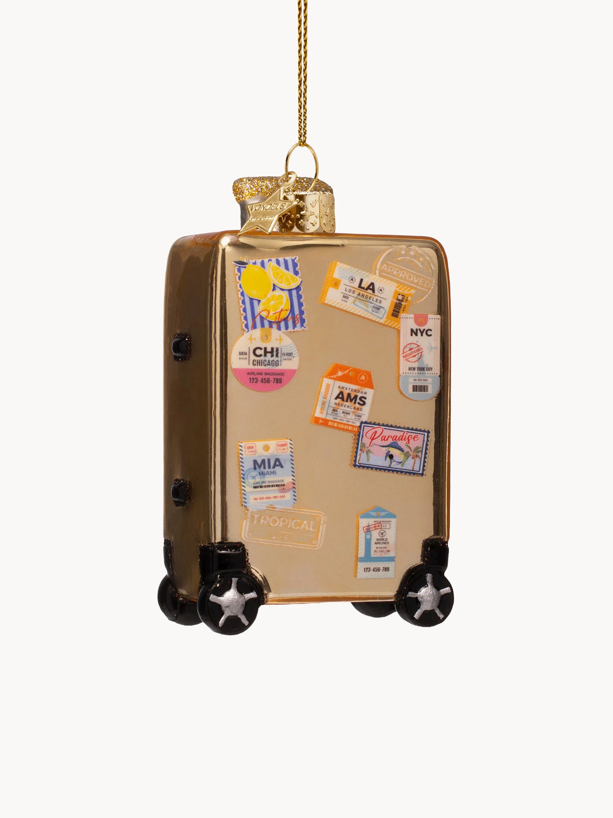 Vondels Mondgeblazen Kerstornament Gold Suitcase