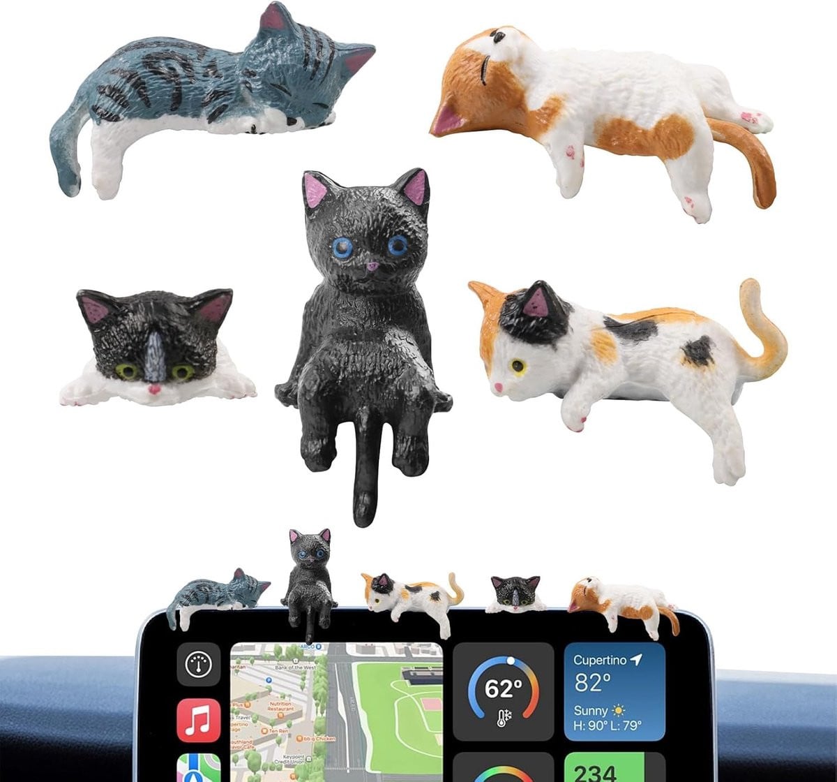 Set van 5 meerkleurige mini kattenfiguren voor decoratie van je auto dashboard of tafelblad