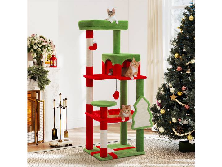 Tour à chat rouge et verte fonctionnelle, arbre de noël avec condo confortable, grattoirs en Sisal, meubles pour chats, accessoires pour chats, intérieur