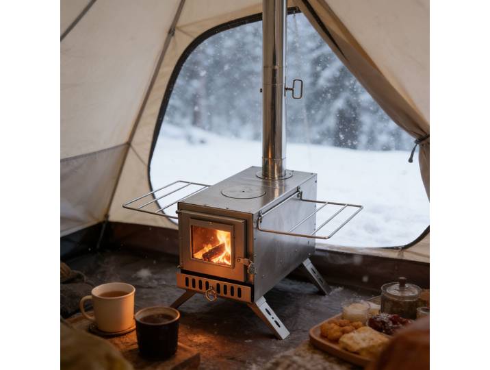  Poêle à bois portable pour le camping, la cuisson et le chauffage, poêle à bois en acier inoxydable avec 7 tuyaux de cheminée, foyer