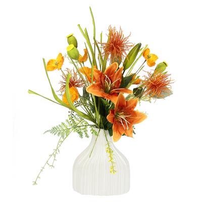Kunstblume I.GE.A. "Blumenarrangement aus Lilien und Mohnblumen in Vase aus Keramik", orange, B:30cm H:55cm L:20cm, Polyester, Kunstpflanzen, Dekoblumen Blumenstrauß Seidenblumen Tischdeko Hochzeitsdeko