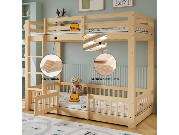 Lit Superposé 2 Places Lit Superposé Enfant 90x200 Lit Enfant Deux Place Barrière et Porte Escalier D'Angle Pin Bois Naturel