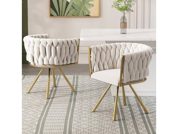 Merax Drehstuhl 2er Set, Moderne Armlehnstuhl aus Samt, Esszimmerstuhl Drehbar mit Metallbeinen, für Esszimmer, Wohnzimmer, Schlafzimmer, Beige und Gold