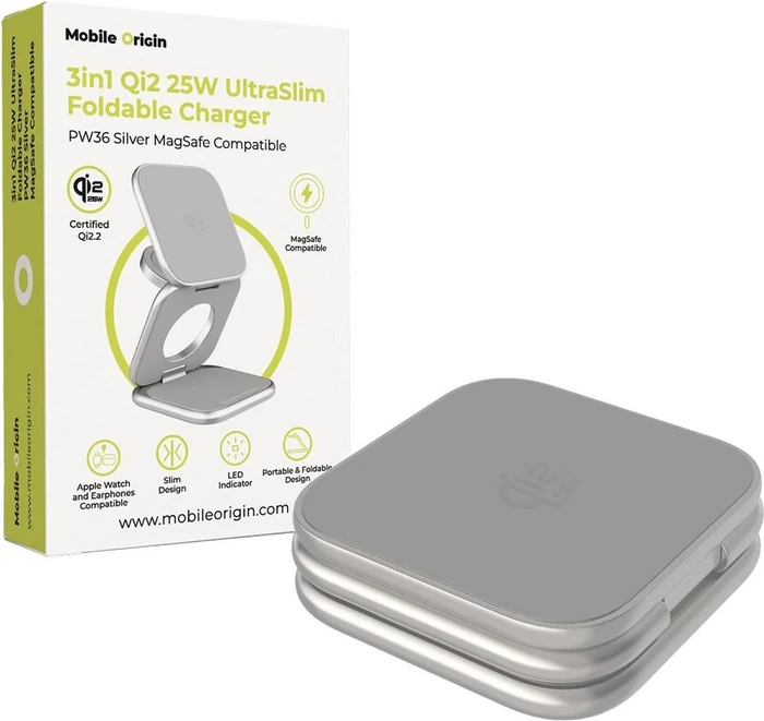 Mobile Origin 3in1 Qi2 25W UltraSlim Foldable Charger PW36 MagSafe Compatible Silver