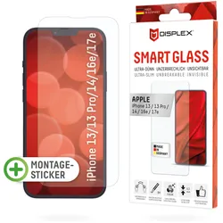 DISPLEX Smart Glass für Apple iPhone 13/13 Pro/14/16e/17e Montagesticker, unzerbrechlich, ultra-dünn, unsichtbar