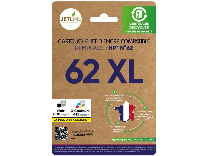 Pack de cartouches d'encre compatible noir + 3 couleurs 62 XL JETLINE