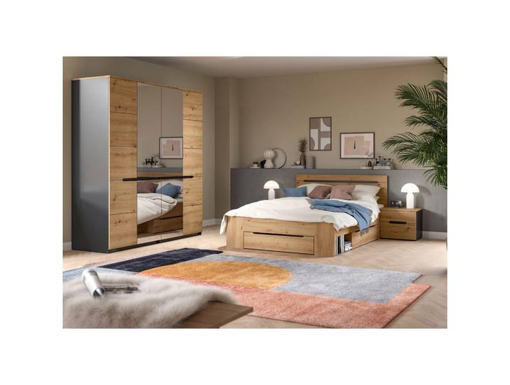 Livetastic Schlafzimmer, Grau, Eiche Artisan, 4-teilig, griffloses Öffnen, Schrankfront mit Spiegel,mit Schubkästen, für Lattenrost geeignet, Schlafzimmer, Schlafzimmer Komplett