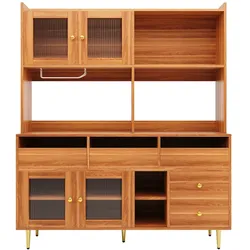 OKWISH Sideboard aus MDF und Metall in Walnussbraun, 145x39x171 cm, mit Changhong-Glastür und Weinregal
