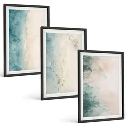 BILDER SET 3er Set - 40x60 cm Schwarzer Rahmen - Minimalismus auf Aquarellleinwand