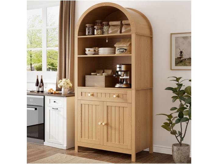 Armoire 2 Portes 1 Tiroir et 3 Niches avec Range-épices - BEAUNIV - pour Cuisine MDF Naturel 76×40×180 cm