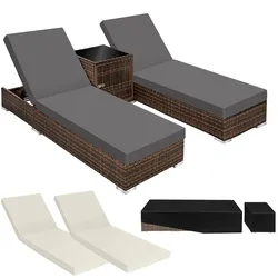 tectake Sonnenliegen Set 2er, höhenverstellbar, Aluminium, Rattan, pflegeleicht, Beistelltisch, Gartenmöbel, , Outdoor, braun