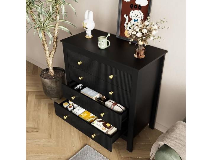 Commode 5 Tiroirs - Façade Structurée et Poignées Dorées pour Chambre et Salon - Sideboard Noir
