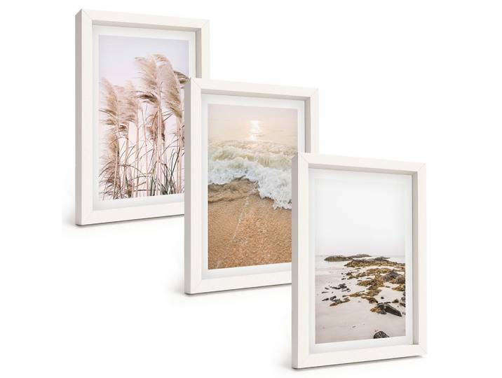 BILDER SET 3er Set - 20x30 cm Weißer Rahmen - Strandgras, Wellen, Steine, Boho-Stil