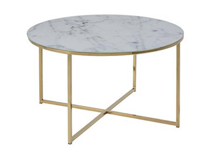 AC Design Furniture Antje Couchtisch Rund, Ø: 80 x 45 cm, Marmoroptik Weiß/Gold, Glas/Metall, 1 Stk