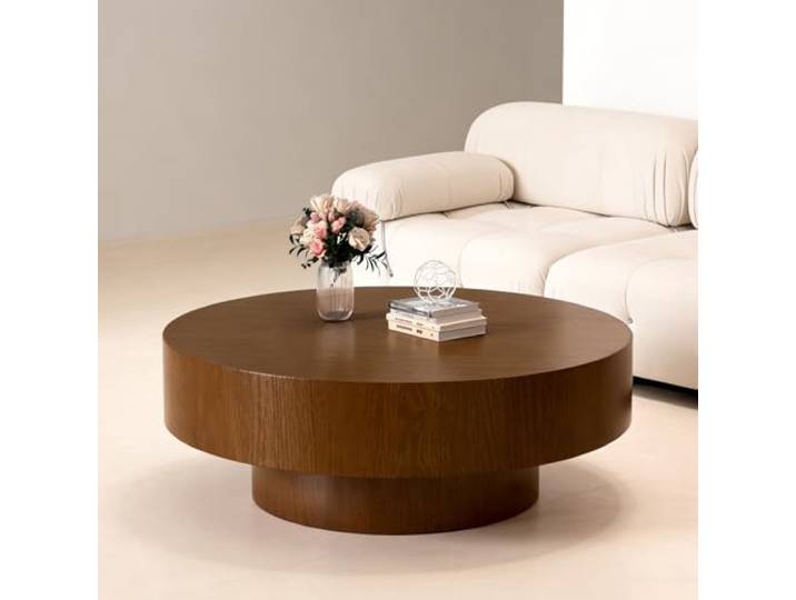 YYZIWYUN Runder Couchtisch im Trommelstil – Runder Wohnzimmertisch aus Holz im Mid-Century-Stil, moderner Cocktailtisch/Beistelltisch für Familienzimmer oder Lounge, einfache Montage,39.37 Brown