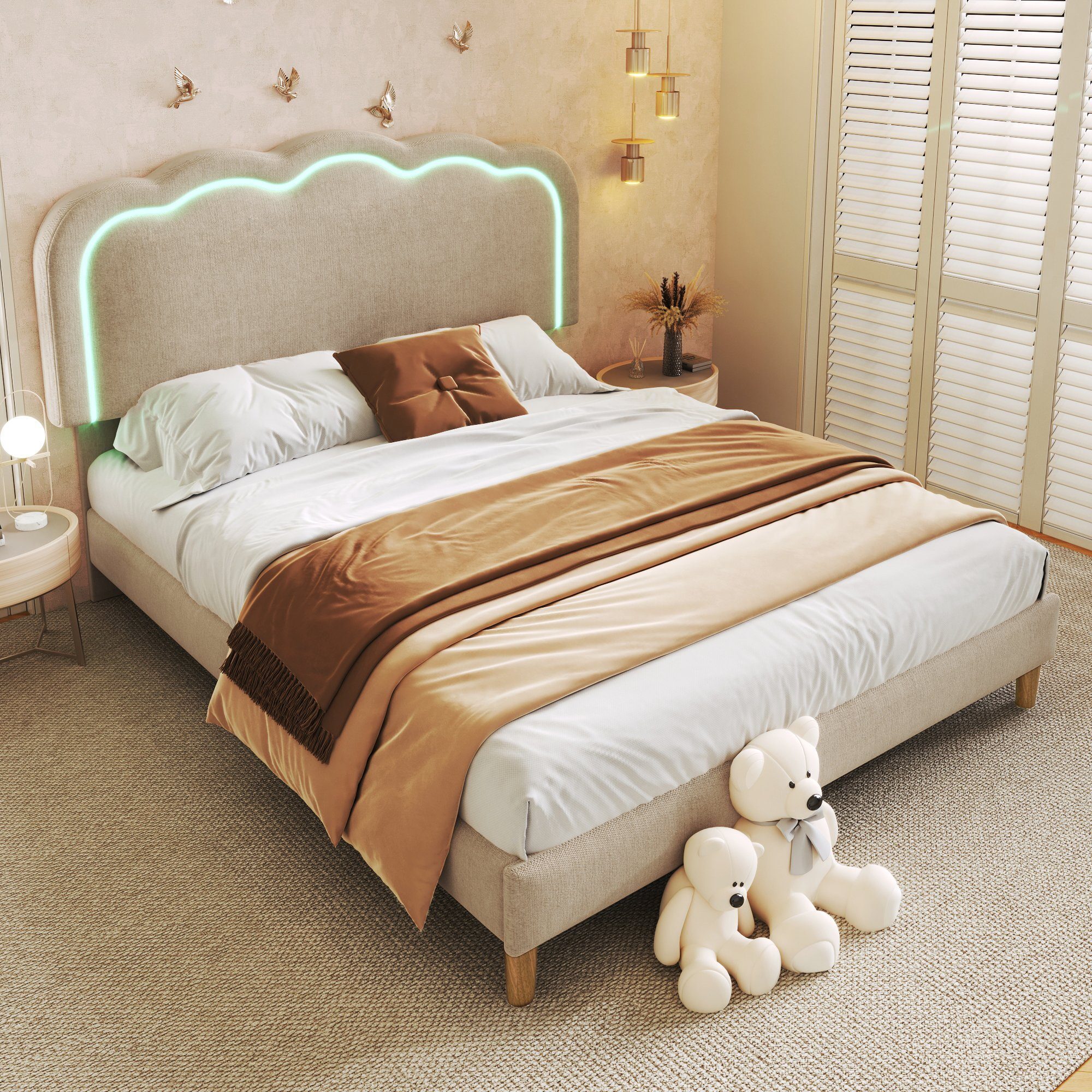 Odikalo Kinderbett Polsterbett Jugendbett 140cm LED Lattenrost Kopfteil Beige Samt