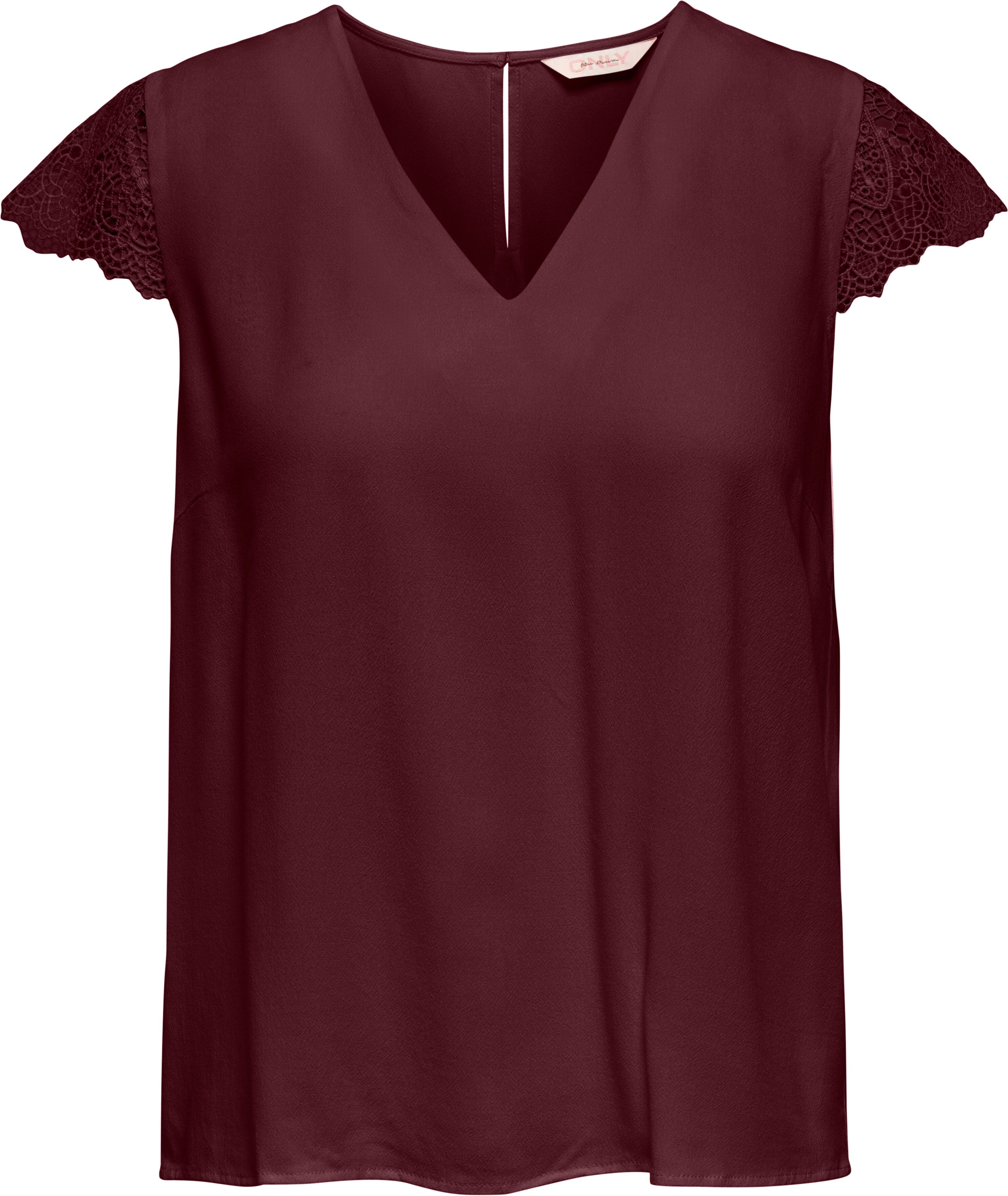 Kurzarmbluse ONLY "ONLELVA-VIA S/S DETAIL TOP WVN CS FR", Damen, Gr. XS, rot (port royale), Web, Obermaterial: 100% Viskose, unifarben, normal, V-Ausschnitt, Blusen Kurzarmbluse, Viskose, Spitze port royale XS