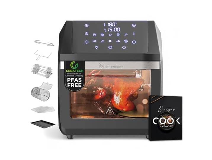 MasterPRO ROCKET 1100 - PFAS-Freie 11L Heißluftfritteuse & Minibackofen 1800W mit CERATECH Keramik-Beschichtung- 10 Programme & Temperaturkontrolle - Mit Drehkorb, Grill, Dörrgerät und Aufnahmehilfe