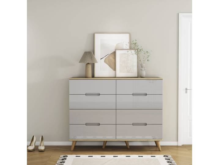 Kommode OTTO HOME Lund , grau (natur), B:120cm H:95cm T:40cm, Sideboards, Kommode, mit glänzenden Fronten, Griffmulden, helles Holzdekor, Breite 120 cm