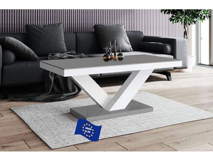 designimpex Design Couchtisch HV-888 Grau/Weiß Hochglanz 120x49x60cm Wohnzimmertisch Sofatisch modern platzsparend Wohnzimmer Tisch für kleine Räume Living Room Table