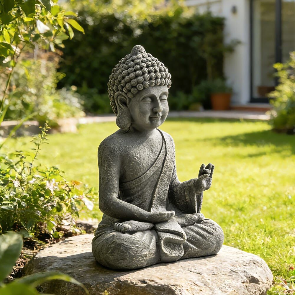 Outsunny Statue de jardin bouddha assis décoration oxyde magnésium gris foncé Gris 32x51x23cm