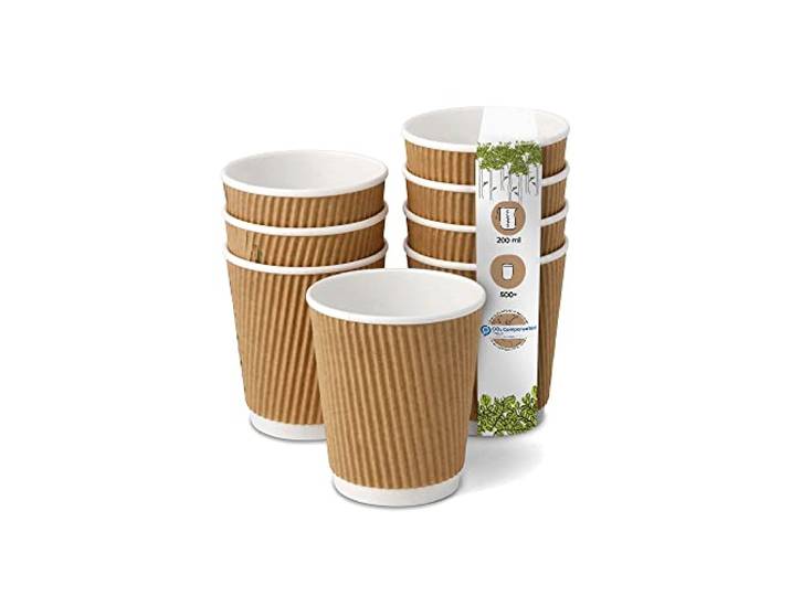 BIOZOYG 500 Stück Kaffeebecher isolierte Pappbecher 200ml / 8 oz Ø 80 mm weiß/braun - geriffelt plastikfrei nachhaltige Materialien - Einwegbecher Glühweinbecher