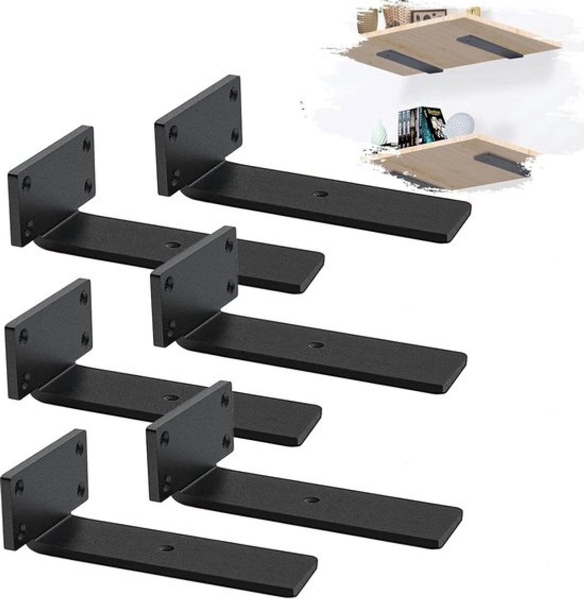 Zwarte 6-delige stalen industriële plankdrager set met 5mm dikte en 12,5cm breedte
