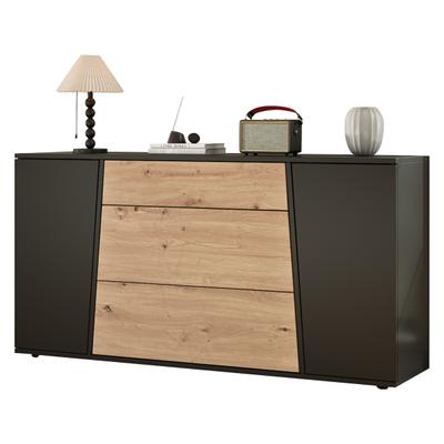 Merax Sideboard 140 x 35 x 70 cm mit 2 Türen, 3 Schubladen und verstellbaren Einlegeböden, Schwarz/Naturholzoptik