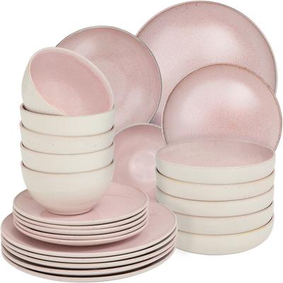 TecTake GmbH tectake Geschirrset Mare aus Steingut, für 6 Personen, 24 teilig, rosa