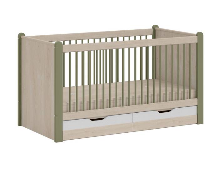 Möbel-Zeit Babybett JOY 70x140 cm – Kinderbett mit großer Schublade – Grün/Natur