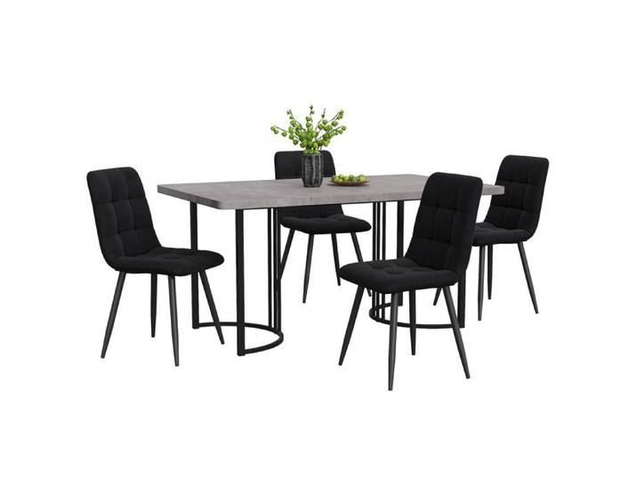 Ensemble salle à manger 5 éléments : table grise pieds noirs + 4 chaises velours noir chic