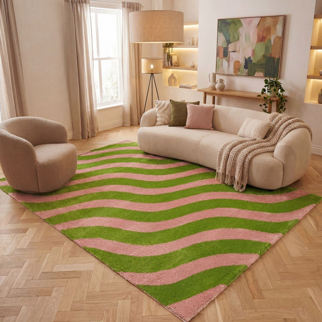 THE RUGS Joli Wavy Area Rug Soft Dense Pile for Living Rooms and Bedrooms Green/Pink Rectangle 80 x 150 cm