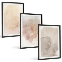 BILDER SET 3er Set - 40x60 cm Schwarzer Rahmen - Warme Aquarell-Pastelltexturen