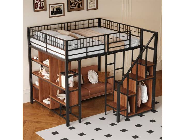 DRIPEX Lit mezzanine multifonctionnel 140x200cm Lit métallique avec espace de rangement étagères et escalier pour adulte enfant