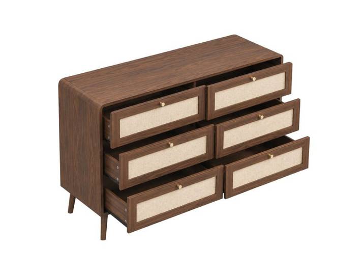 Commode de chambre – 6 tiroirs – finition noyer effet rotin – MDF – 120 cm