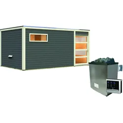 Karibu Gartensauna Saunahaus Hygge inkl. Vorraum, terragrau-9 kW Ofen inkl. Steuergerät
