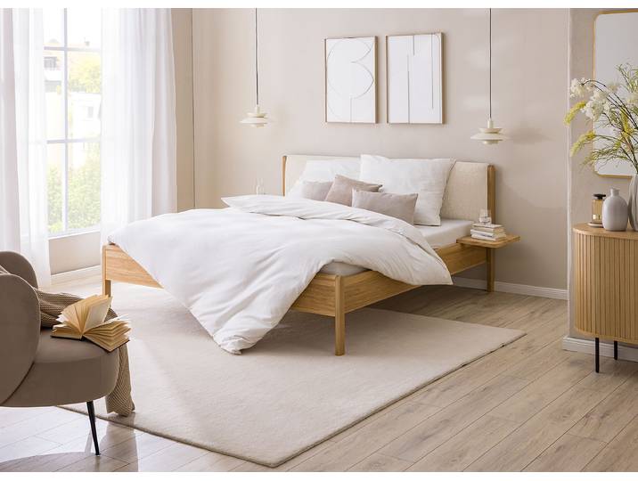 Massivholzbett NARRO 200 x 200cm Webstoff Holz/Braun/Cremeweiß Wildeiche