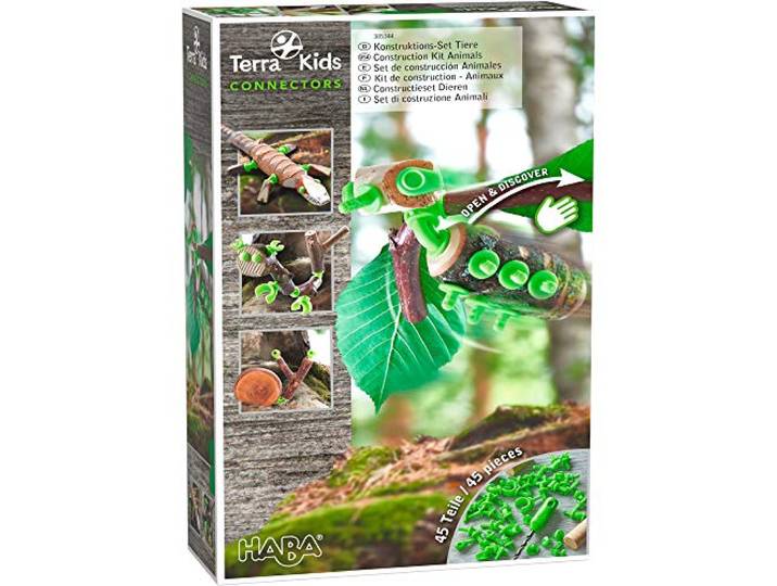HABA 305344 Terra Kids Connectors – Construction Kit Animals - 45 Piece Set with Plastic Connectors, Cork & Hand Drill - Ages 8+