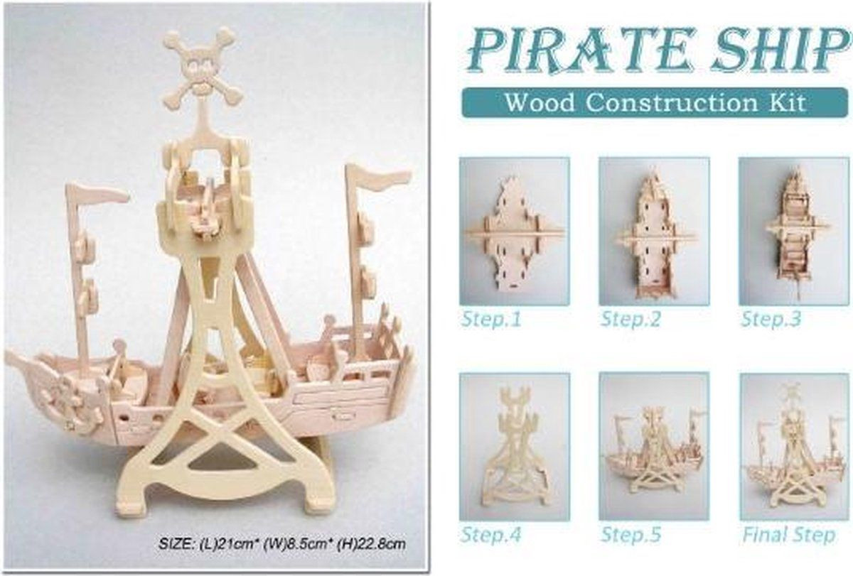 T&F Rockin Piratenschip 951 Houten bouwpakket met 20 onderdelen, 21 x 8,5 x 23 cm