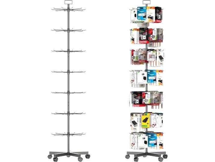 Support rotatif mobile pour magasin avec crochets, présentoirs de vente au détail, présentoir de vente au détail amélioré, présentoir rotatif à 7 niveaux